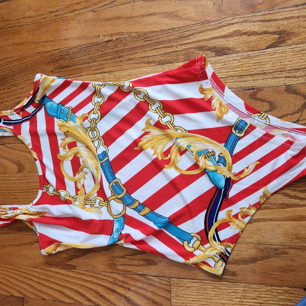 Red and White Striped Bodysuit with Gold Chain Print